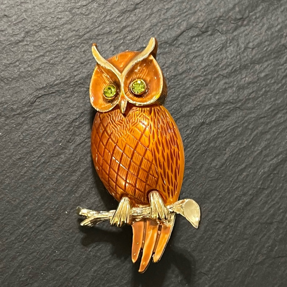 Vintage Gold Tone Brown Enamel Owl Brooch Green Rhinestone Eyes